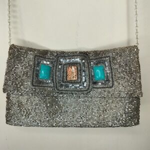 Moyna Couture Silver Beaded + Sequin Evening Bag Purse